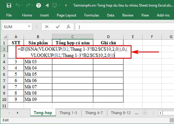 Tổng hợp dữ liệu từ nhiều Sheet trong Excel 6