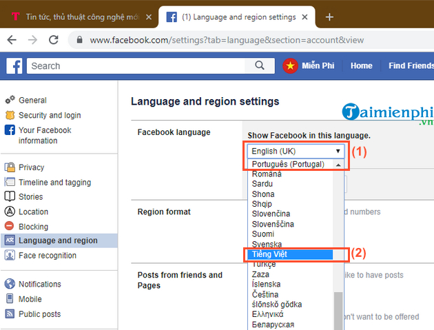 Cách chuyển Facebook sang tiếng Việt, đổi ngôn ngữ Facebook trên PC