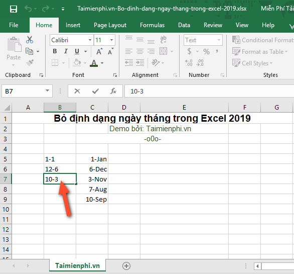 Cách bỏ định dạng ngày tháng trong Excel 2019