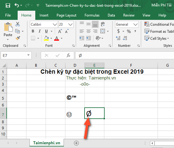 Cách chèn ký tự đặc biệt trong Excel 2019