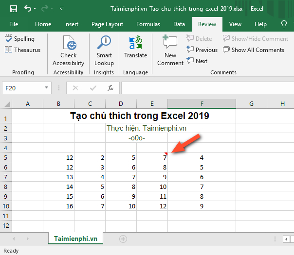 cach tao ghi chu trong excel 2019