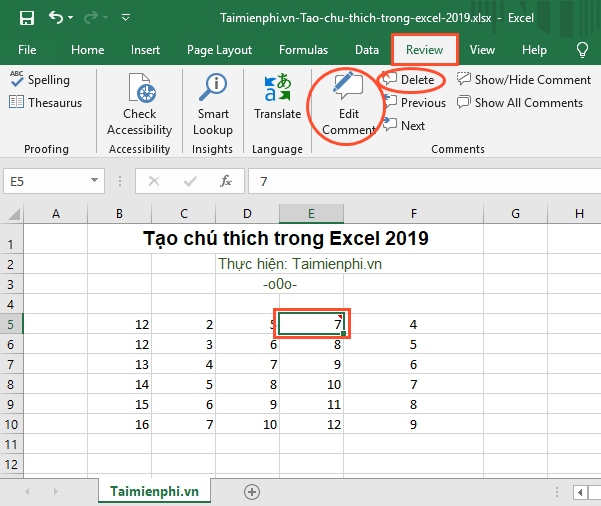 cach tao comoment trong excel 2019