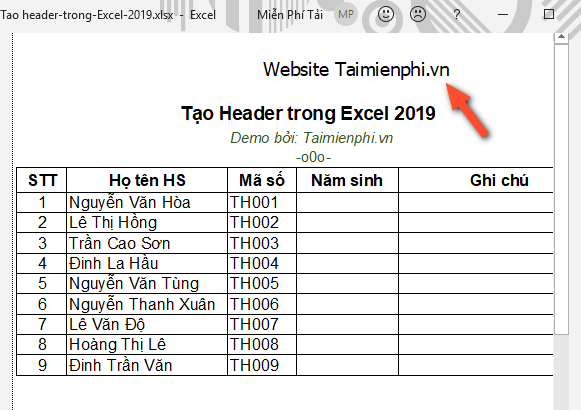 cach tao header trong excel 2019