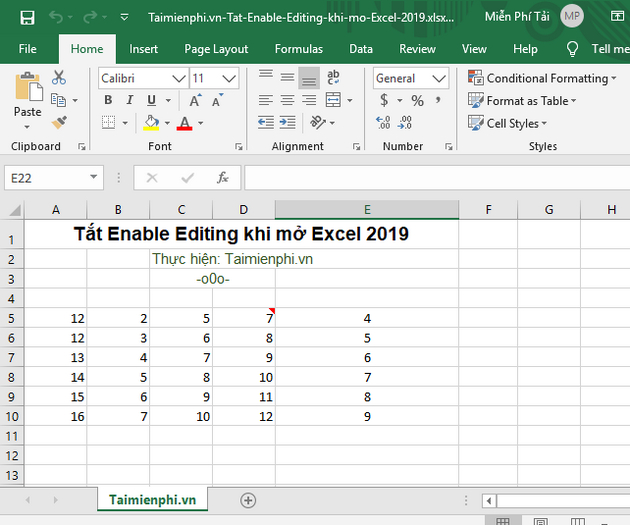 Cách tắt Enable Editing khi mở Excel 2019