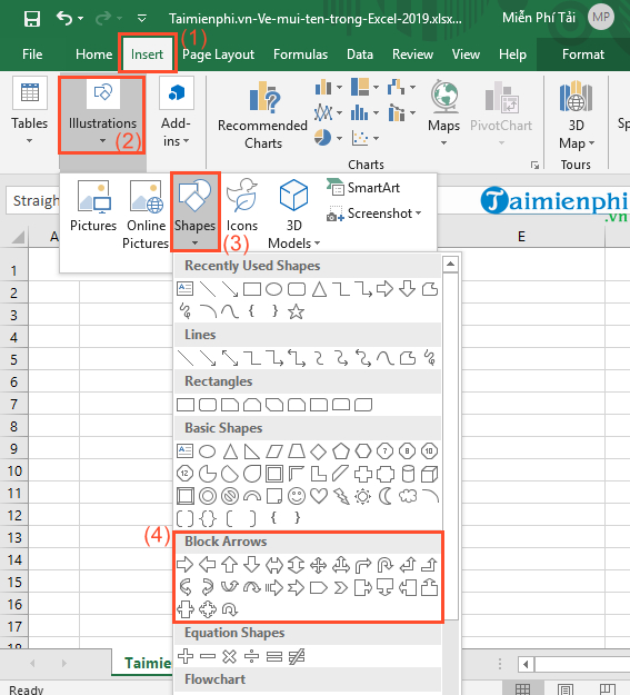 Cách vẽ mũi tên trong Excel 2019