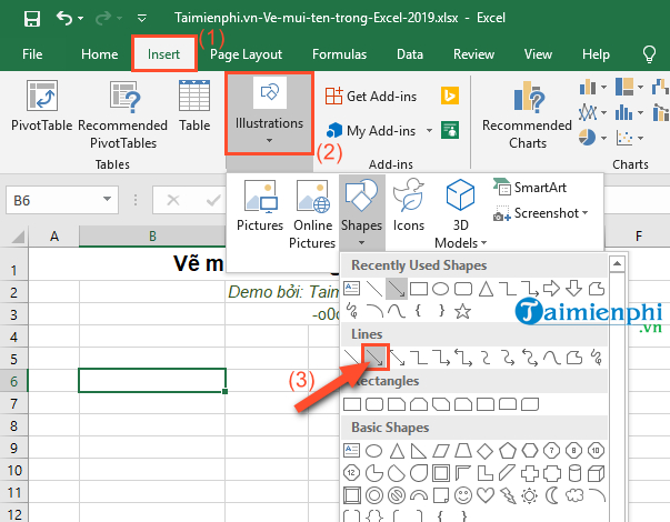 Cách vẽ mũi tên trong Excel 2019