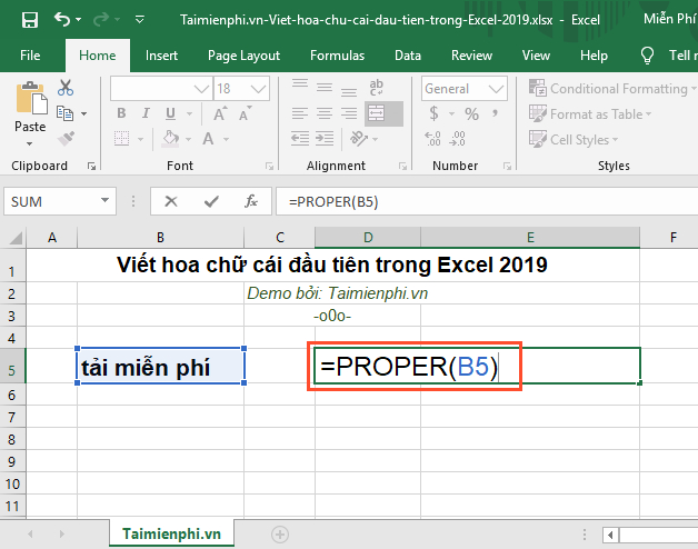 Cách viết hoa chữ cái đầu tiên trong Excel 2019