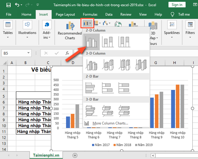 Cách vẽ biểu đồ hình cột trong Excel 2019