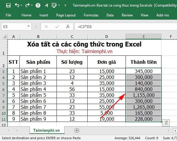 Cách xóa tất cả các công thức trong Excel