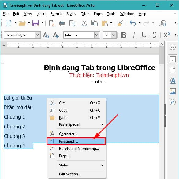 Cách định dạng tab trong LibreOffice