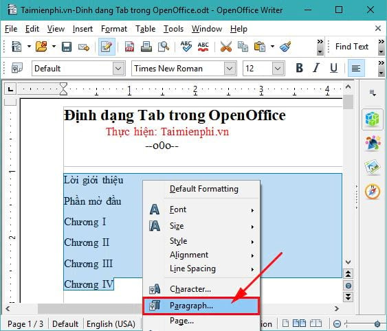 Định dạng tab trong OpenOffice