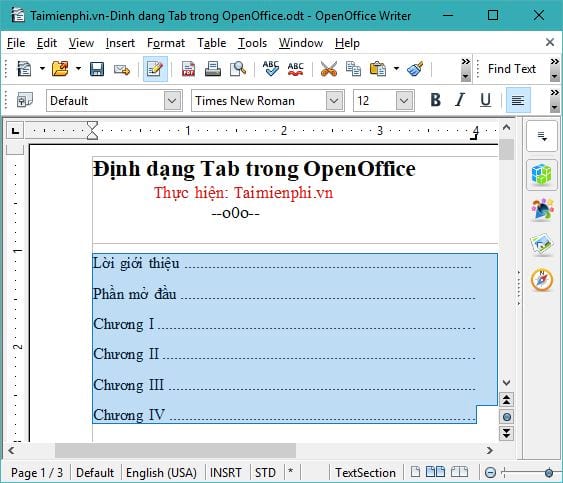 Định dạng tab trong OpenOffice