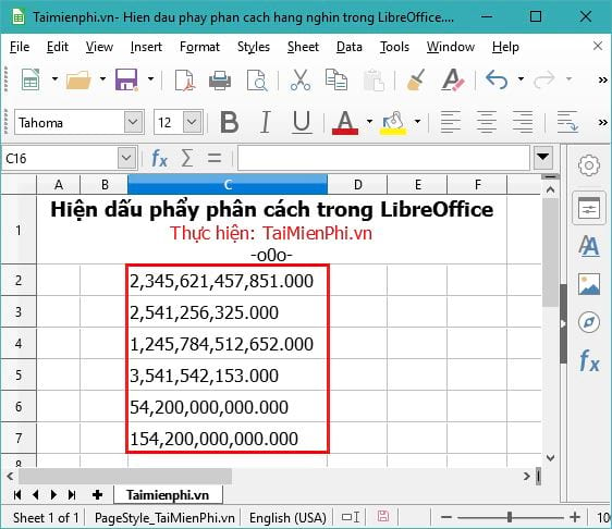 Hiển thị dấu phẩy phân cách hàng nghìn trong LibreOffice