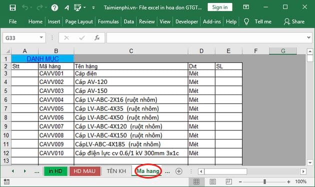 File Excel in hóa đơn GTGT