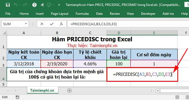 Hàm Price, Pricedisc, Pricemat Trong Excel