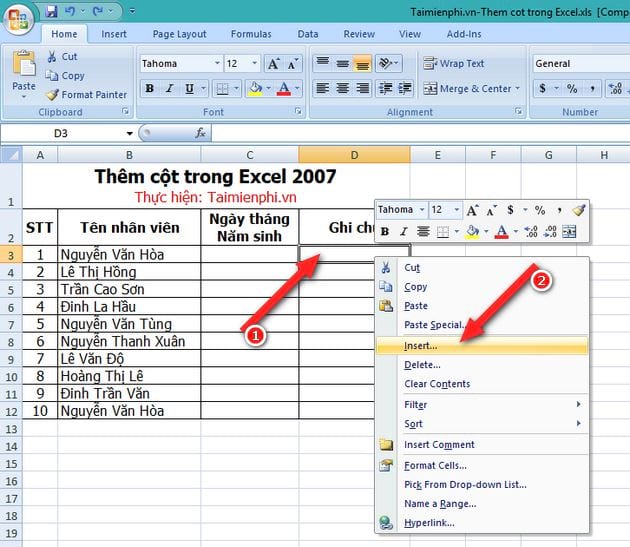 Cách thêm cột trong Excel 2007