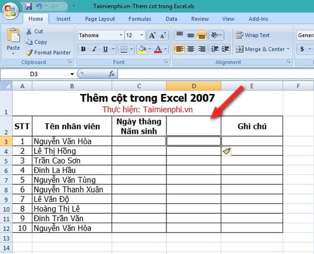 Cách thêm cột trong Excel 2007