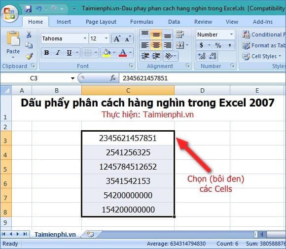 Hiển thị dấu phẩy phân cách hàng nghìn trong Excel 2007