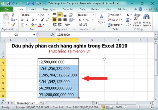 Hiện dấu phẩy phân cách hàng nghìn trong Excel 2010