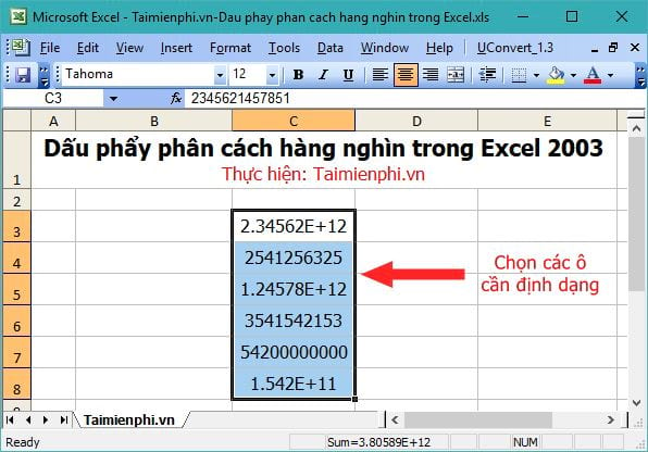 Hiển thị dấu phẩy phân cách hàng nghìn trong Excel 2003
