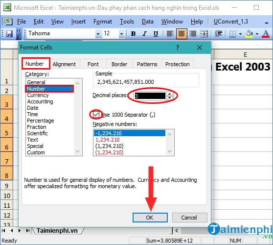 Hiển thị dấu phẩy phân cách hàng nghìn trong Excel 2003