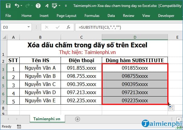 Cách xóa dấu chấm trong dãy số trên Excel