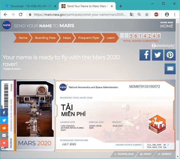 Hướng dẫn nhận vé lên Sao Hoả, vé lưu niệm Mars 2020