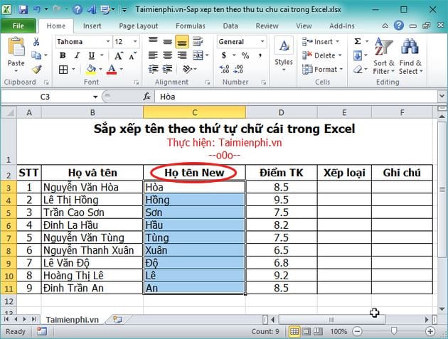 Hướng dẫn sắp xếp tên theo thứ tự chữ cái trong Excel