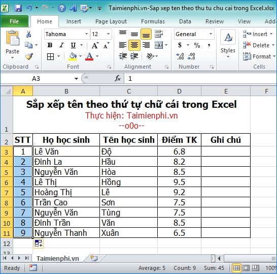 Hướng dẫn sắp xếp tên theo thứ tự chữ cái trong Excel