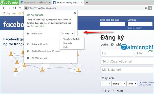 Cách tắt thông báo Facebook trên Cốc Cốc bản mới