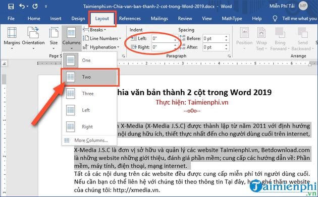 cach chia van ban thanh 2 cot trong microsoft word 2019