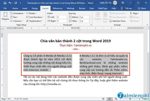 cach chia van ban thanh 2 cot trong word 2019