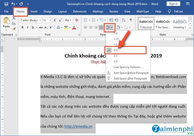 cach chinh khoang cach dong trong word 2019 4