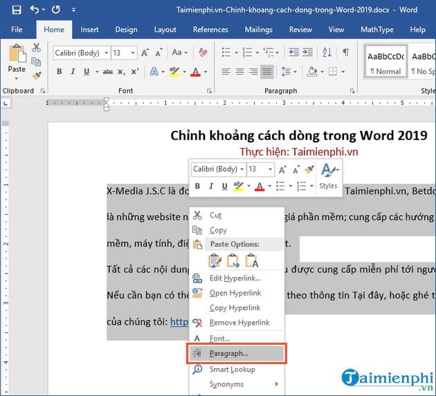 cach chinh khoang cach dong trong word 2019 5