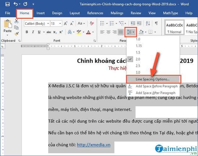 cach chinh khoang cach dong trong word 2019 6