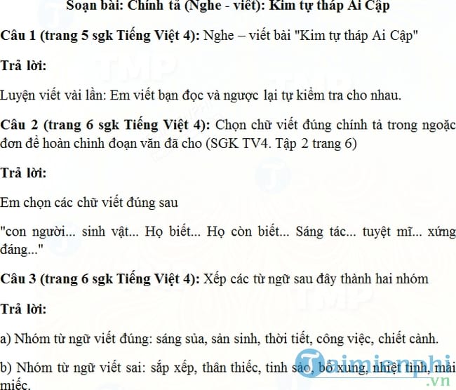 Soạn bài Kim tự tháp Ai Cập, Chính tả Nghe, viết Tiếng Việt lớp 4