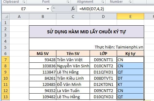 Hàm lấy chuỗi ký tự trong Excel là hàm nào?