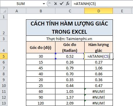 Cách tính các hàm số lượng giác trong Excel, RADIANS, DEGREES, COS