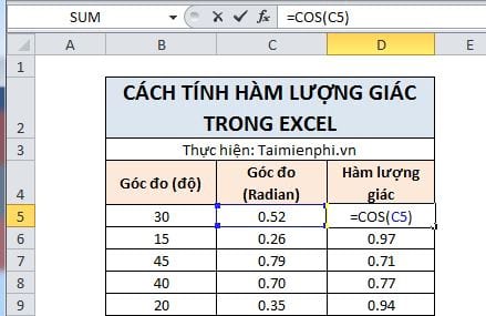 Cách tính các hàm số lượng giác trong Excel, RADIANS, DEGREES, COS