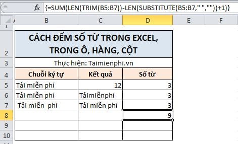 Cách đếm số từ trong Excel, trong ô, hàng, cột