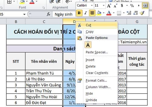 Cách hoán đổi vị trí 2 cột trong Excel, đảo cột