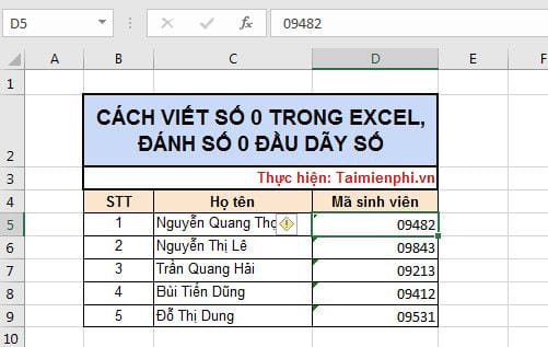 Cách viết số 0 trong Excel, đánh số 0 đầu dãy số