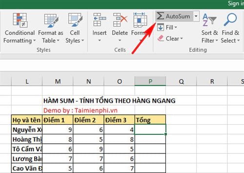 Hàm Sum - tính tổng theo hàng ngang trong Excel