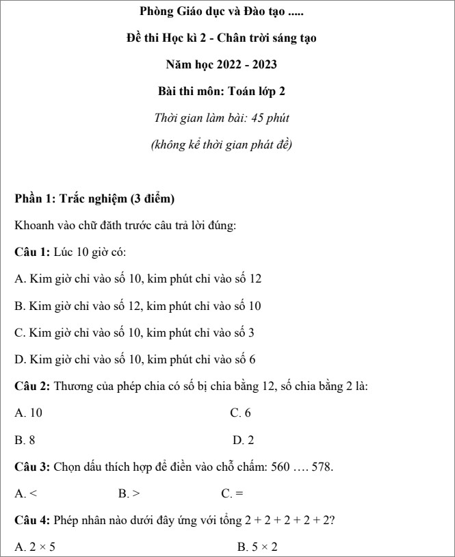 De thi Toan 2 HK1 sach chan troi sang tao