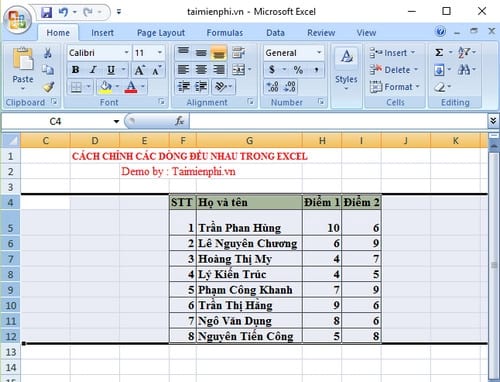 cach chinh cac dong deu nhau trong excel