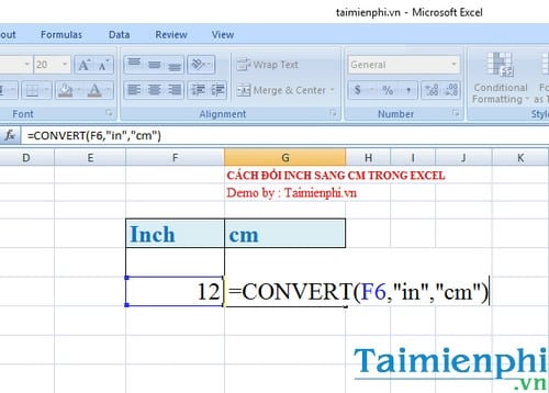 Cách đổi inch sang cm trong Excel