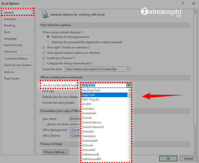 Cách mặc định font chữ trong Excel 2016