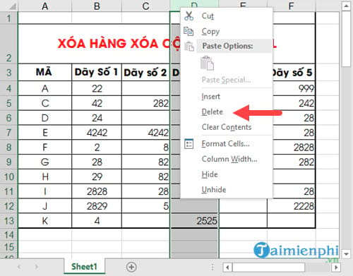 Cách xoá hàng, cột trong Excel bằng chuột hoặc phím