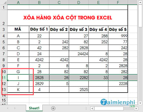 xoa hang cot trong excel bang chuot hoac phim nong, xoa hang cot trong excel, xoa 1 hang 1 cot trong excel