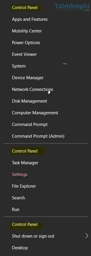 Cách hiển thị Control Panel trên Power Menu Windows 10
